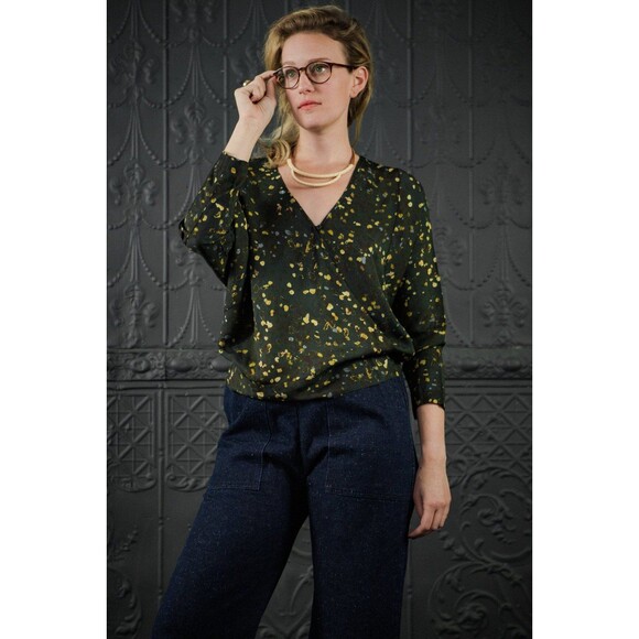 Humanoid Mandy Top Italian Fabric Faux Wrap Pleated V Neck Top Sz S $269 - Picture 3 of 9